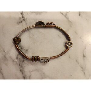 Vintage Mixed Metal Stretch Bracelet With Heart & Flower Accents